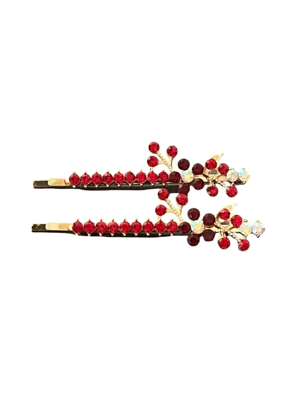 Elegant Red Floral Crystal Rhinestone Gold Hair Clips 2.5”FINAL PRICE DROP